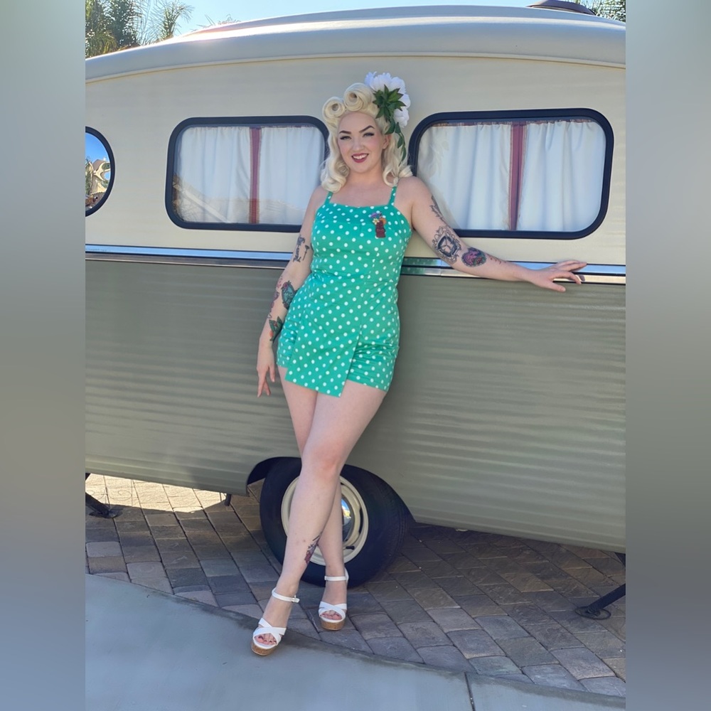 Unique Vintage Teal Polka Dot Skirted Romper